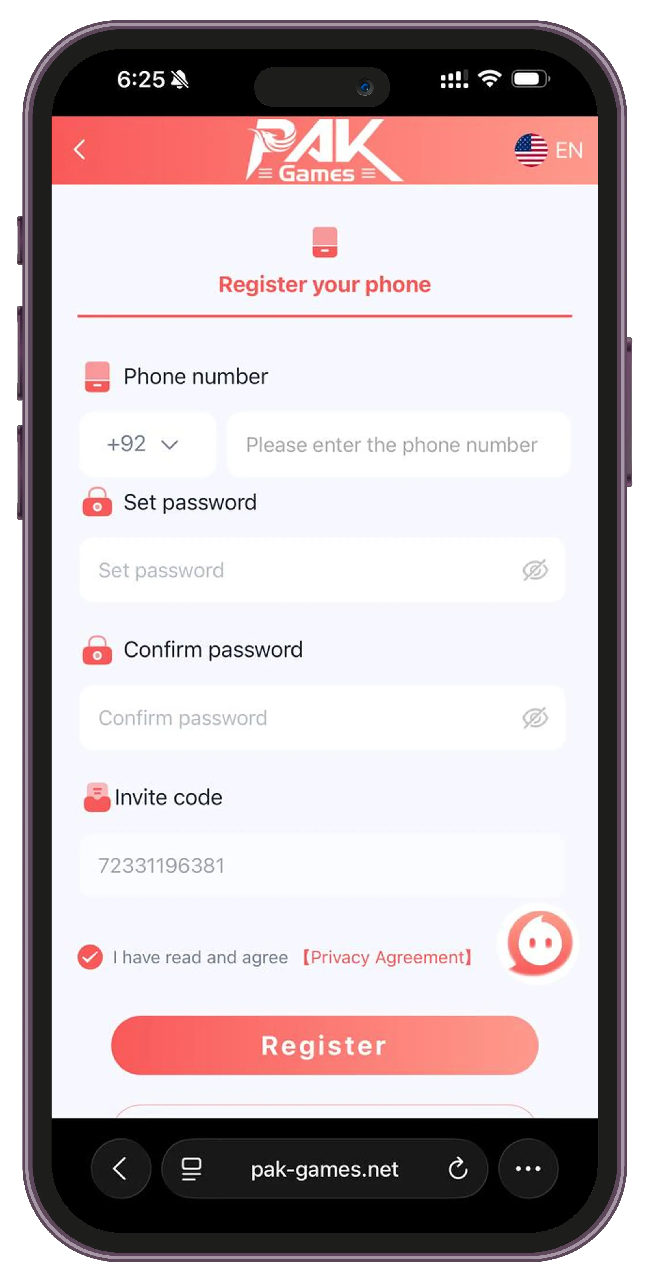 Pak Games registration guide on phone