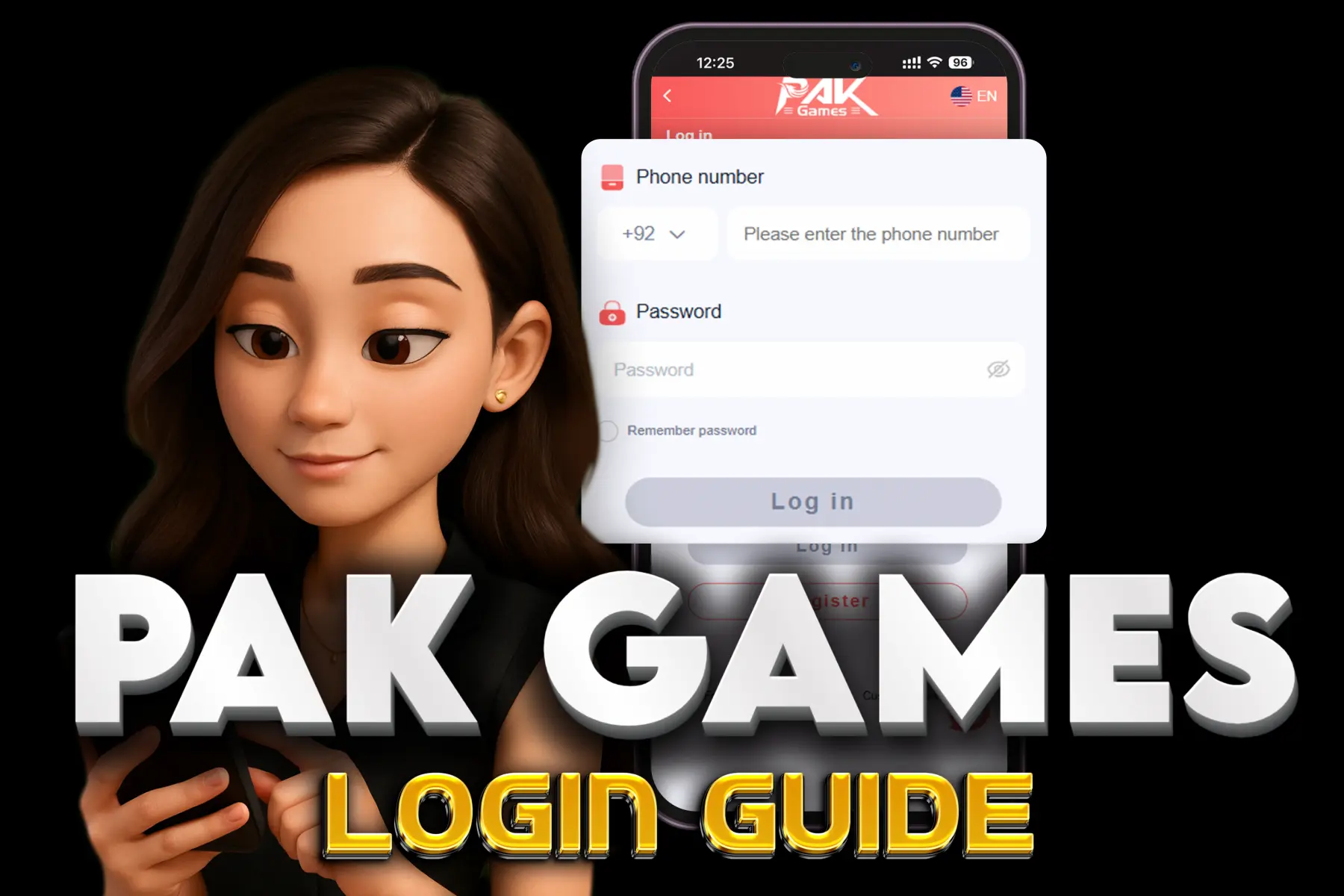 Login screen of Pak Games account with phone number and password